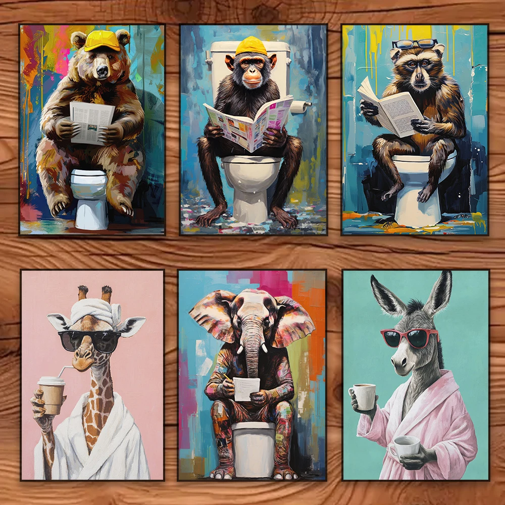 

Graffiti Animal Giraffe Bathroom Poster Monkey on the Toilet Print Graffiti Pop Art Abstract bathroom Canvas Painting Funny Art
