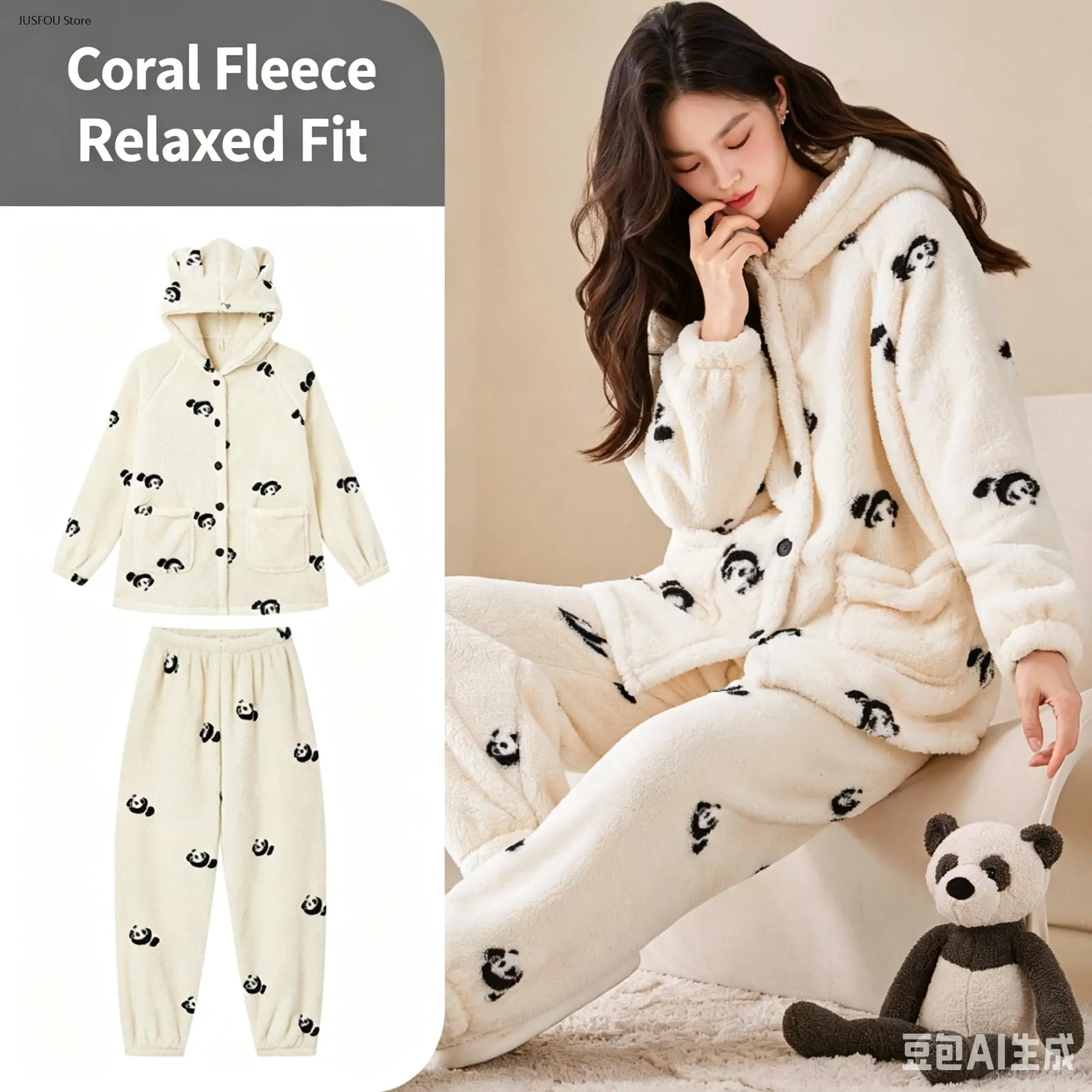 Winter Hooded Warm Home Clothes Thick Sleepwear Print Panda Coral Fleece Home Wear Pajamas 2 Pcs Shirt&pants Thicken Nightwear