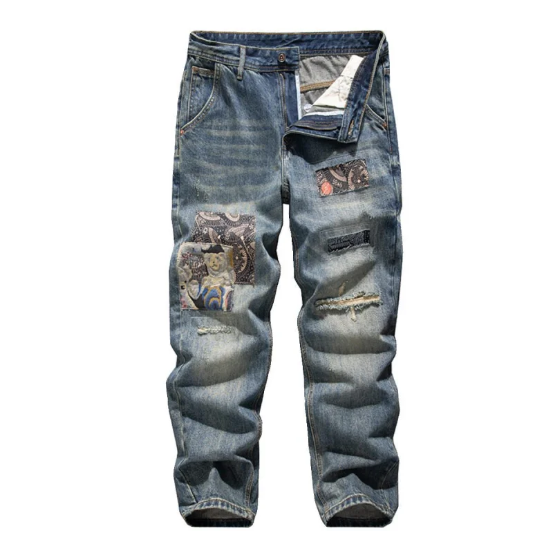 Jeans retrò da uomo a tubo dritto larghi alla moda primaverili ed estivi con fori strappati, giunture con toppe e pantaloni in denim patchwork
