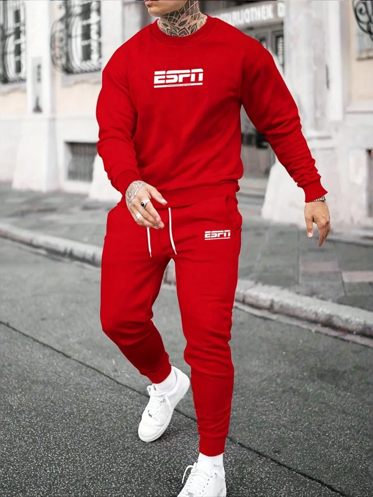 2025 Fall Men's Long-Sleeve Pantsuit Streetwear Fashion Ensemble Crew-Neck Long-Sleeve Top with Casual Pants Two-Piece Set