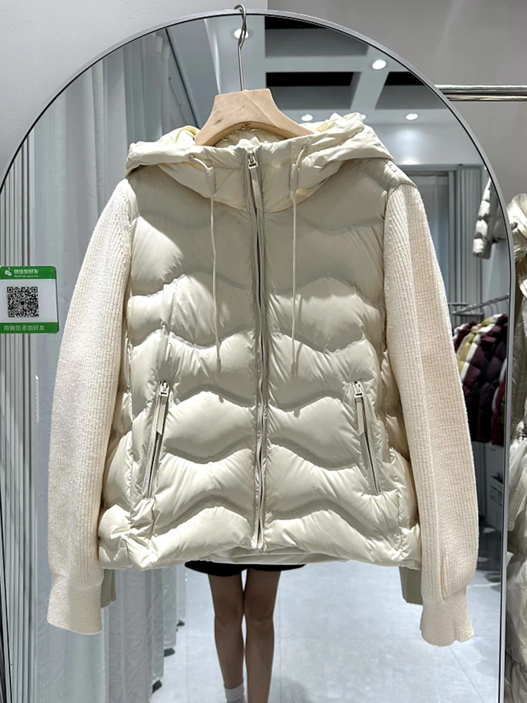 Chaqueta de plumón cálida con empalme de mangas tejidas para mujer, prendas de vestir Parker con cremallera y plumón de pato blanco, chaquetas con capucha gruesas para mujer