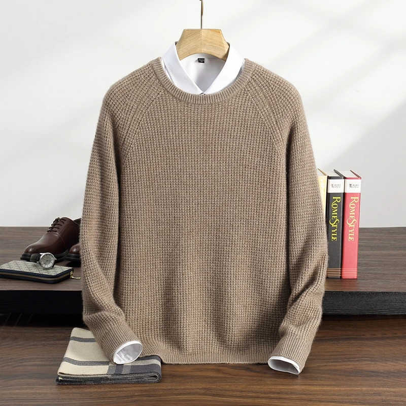 100% Pure Cashmere Sweater Men's Knitted Round Neck Pullover Autumn Winter Thick Warm Long Sleeved Solid Color Men's Clothing