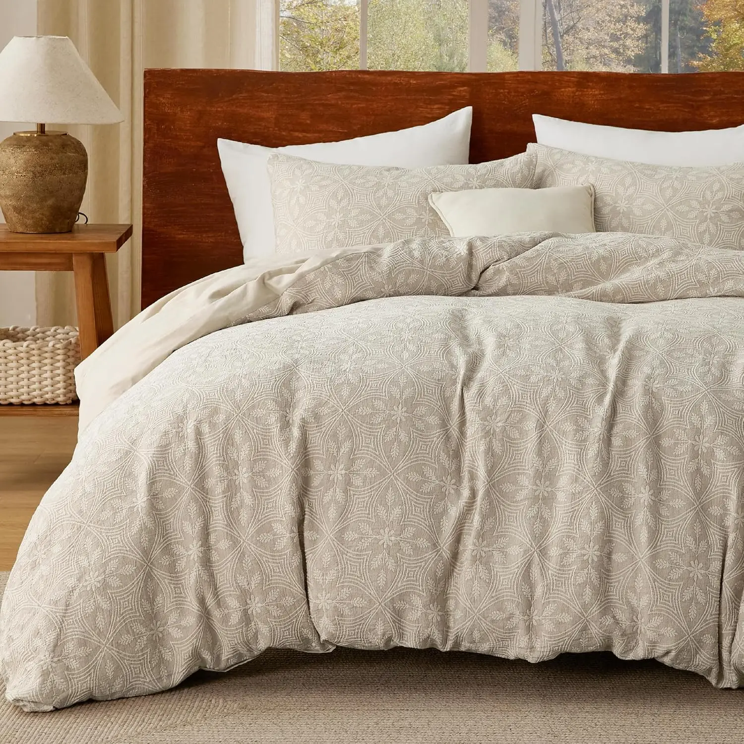 

Cotton Duvet Cover King Size - Boho Textured Embroidery Jacquard Duvet Cover Set, Soft and Breathable Comforter Cover