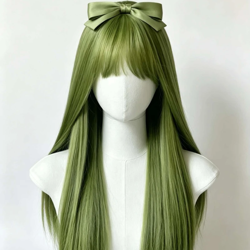 Matcha green 24-inch cute bangs, straight long hair synthetic wig, everyday natural full headset