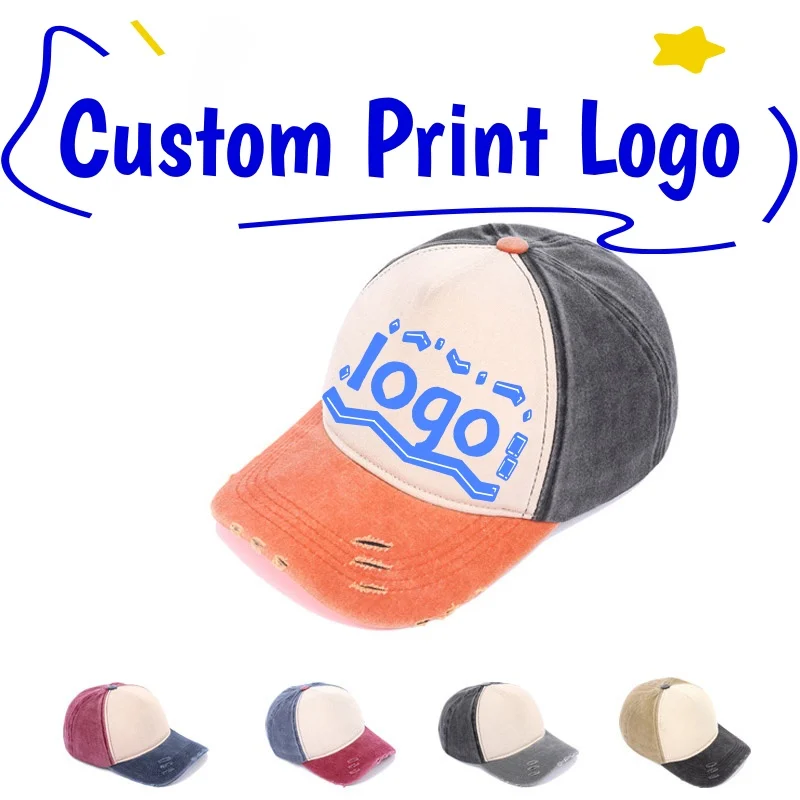 Customized Printed Logo Retro Break Hole Baseball Hat Truck Driver Cap Splicing Contrasting Color All Duck Tongue Hats