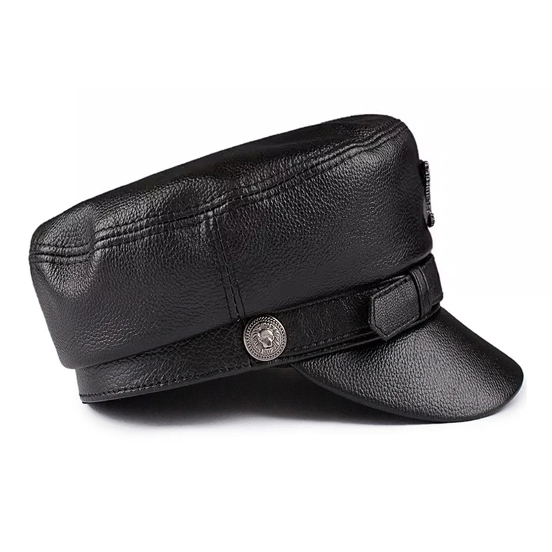Retro German Military Caps For Men Genuine Leather Belt Navy Hats Unisex Cowhide Streetwear Fitted Hat With Locomotiv Cap