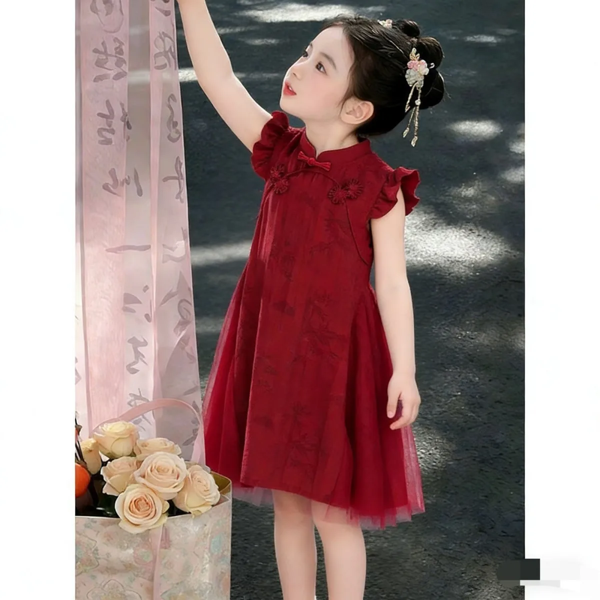 Girls' Dress Summer New Style Children's Chinese Red Cheongsam Performance Dress Hanfu