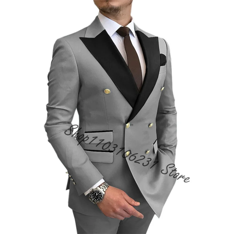 Tepe yaka çift göğüslü erkek takım elbise 2 parça iş resmi Groomsmen düğün smokin Slim Fit ceket Blazer pantolon kostüm Homme