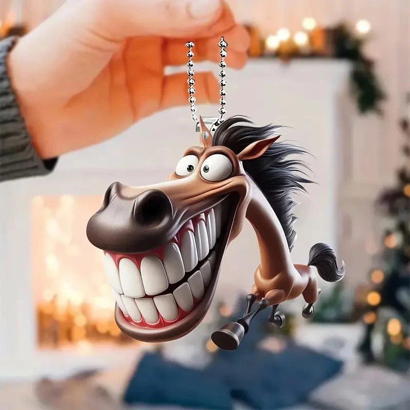 2D Cute Big Mouth Horse Keychain RearView Mirror Pendant Animal Hanging Ornament Car Interior Decoration Toys