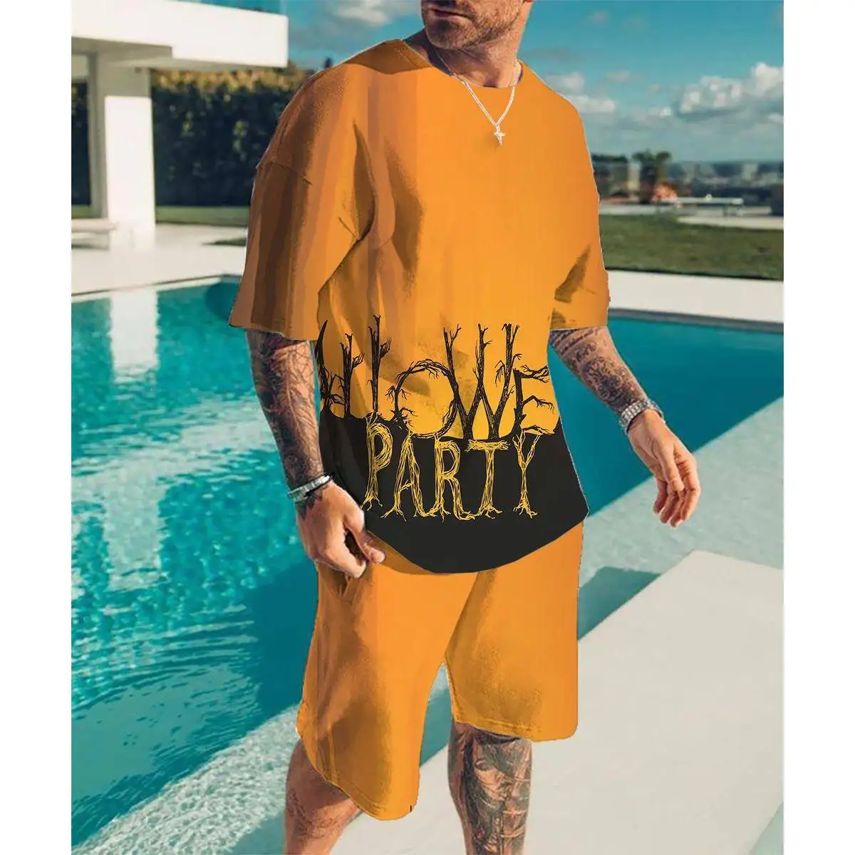 

Summer New Men's Beach Pants Set Halloween Pumpkin 3D Digital Printing Short Sleeve Casual Sportswear Autumn T-Shirt