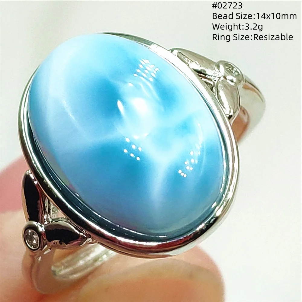 Natural Blue Larimar Ring Jewelry Adjustable Size Dominia Rare Larimar Oval Bead Water Pattern 925 Sterling Silver Fshion AAAAAA