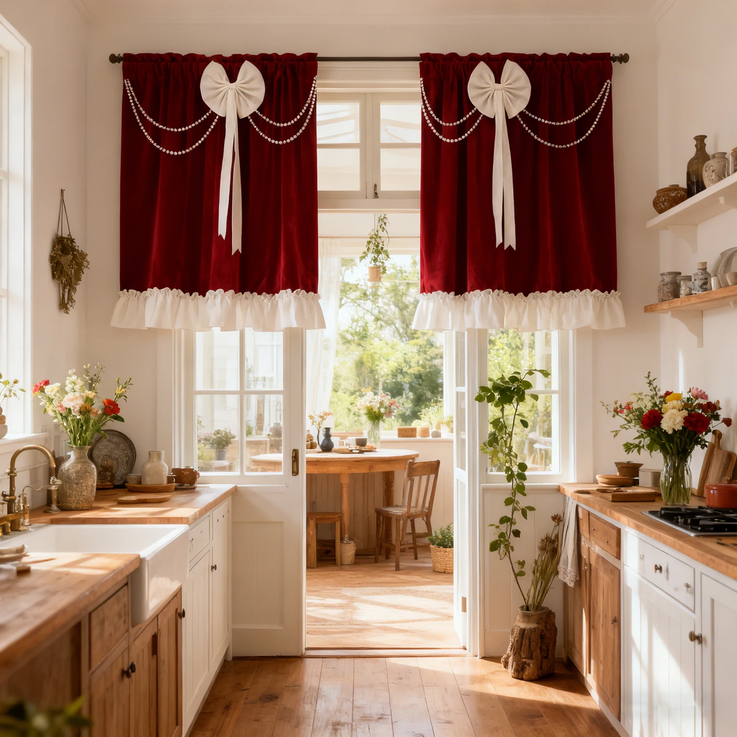 1PC Classic Dutch Red Velvet Bow Short Curtain for Small Window Study Entrance Cafe Home Decoration Blinds #E