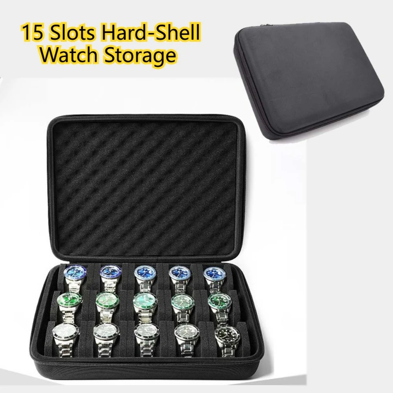 15 Slots Hard-Shell Watch Storage Case With Soft Foam Pillow Fits Large And Small Watches Durable Carry Box