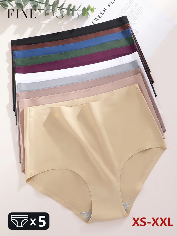 5Pcs Hohe Taille Nahtlose frauen Höschen Sexy Eis Seide Atmungsaktive Stretchy Dessous Plus Größe Einfarbig Sport Dessous XS-XXL