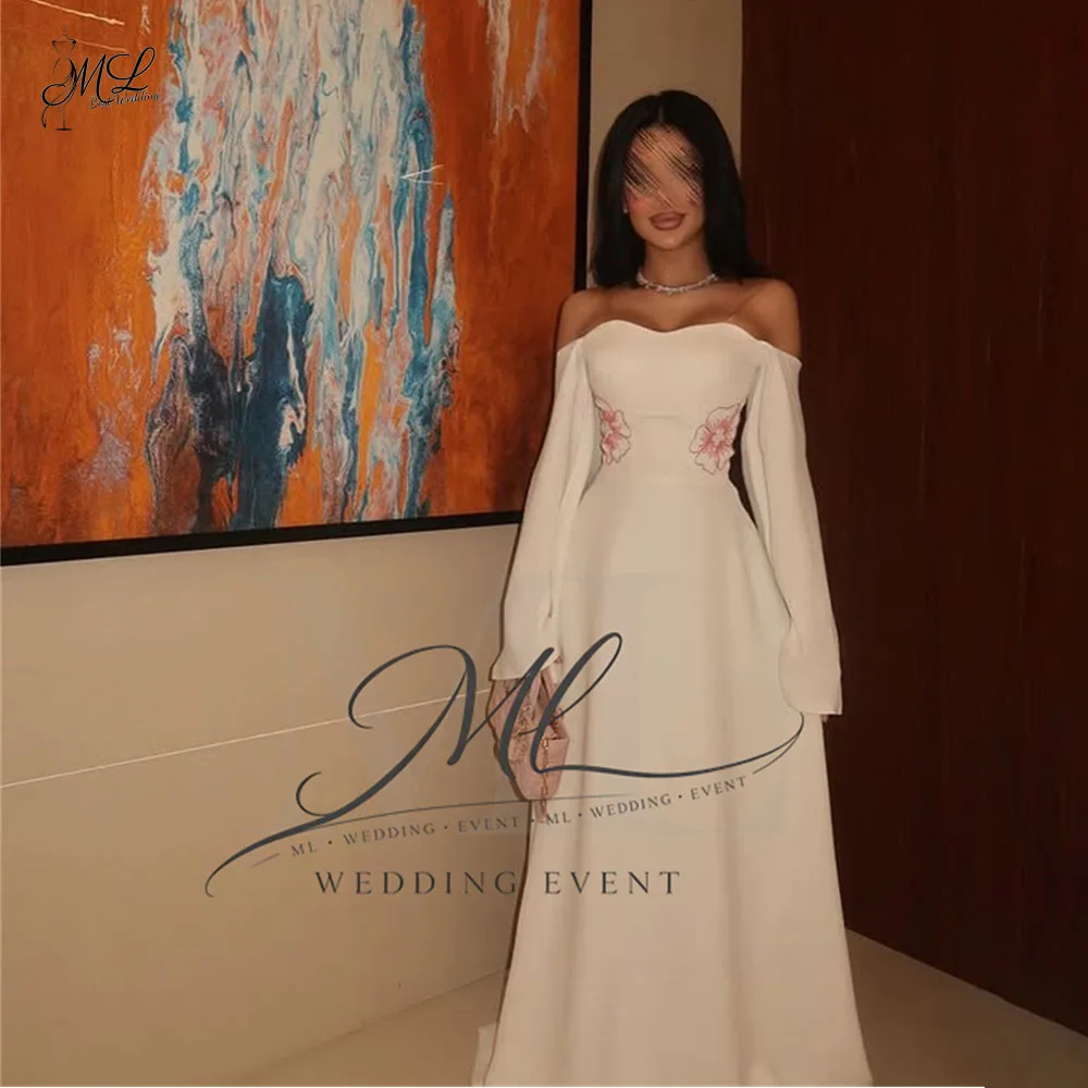 

ML Elegant Dubai Arab Boat Neck Wedding Dresses Flowers Pattern Satin Bridal Gown Vestidos De Novia Customized Bride Dress