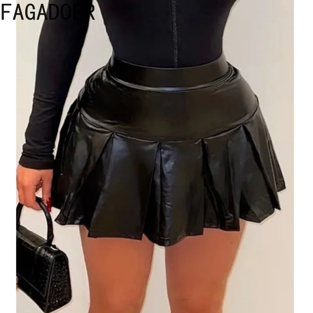 

FAGADOER Sexy PU Leather Mini Stacked Skirts Women High Waisted Solid Ruched Skirts Fashion Female Matching Streetwear Bottoms