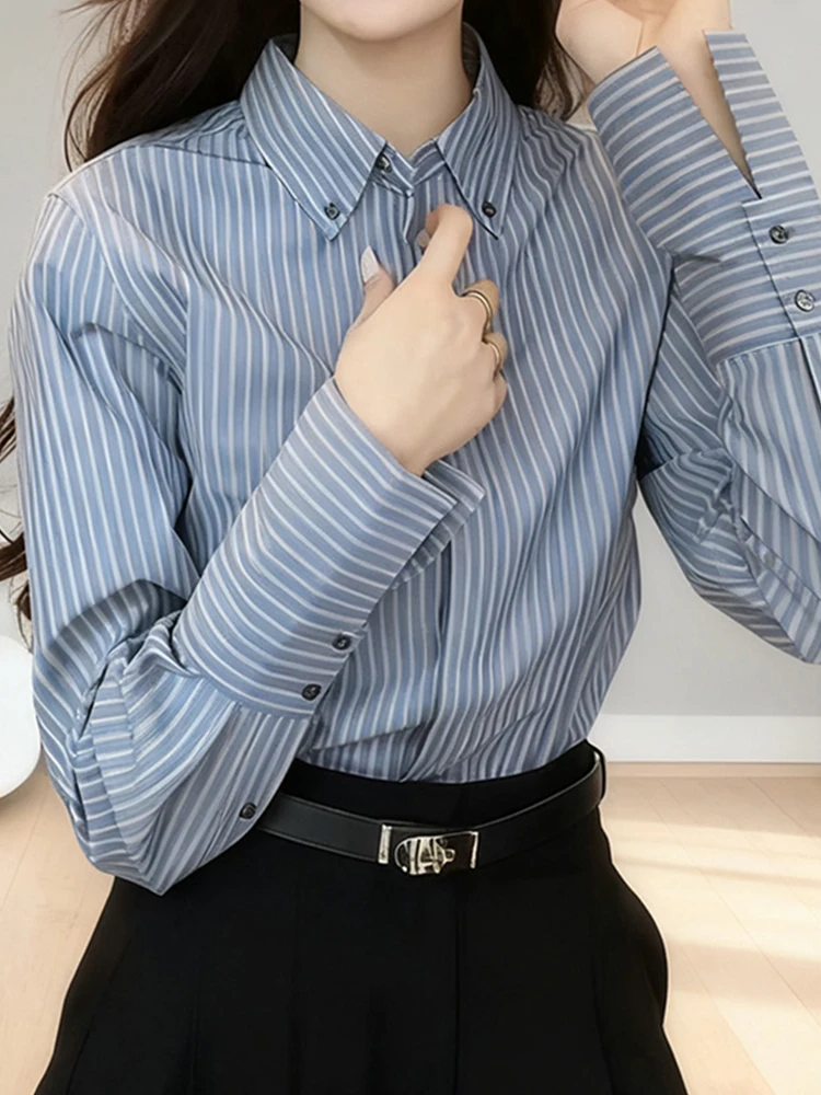 

Casual Stripe Ne irt Women's Loose Fit Slimming Casual Versatile Anti-Aging Top Trendy Long Sve Breathable Skin-F...