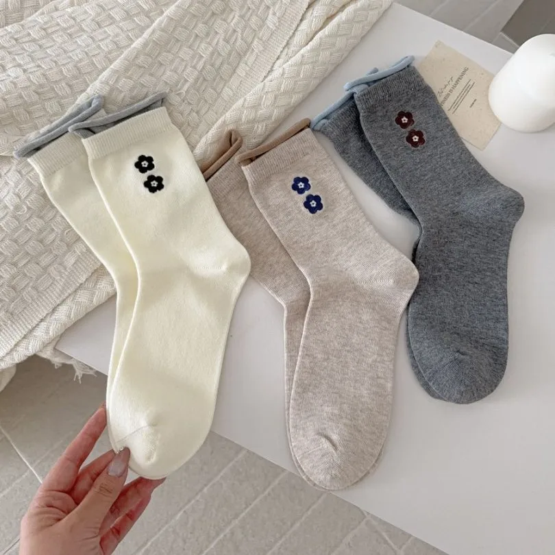 Women's Fall/winter Cotton Socks with Double Embroidery and Breathable Mid-calf Style - Versatile and Casual Cotton Socks