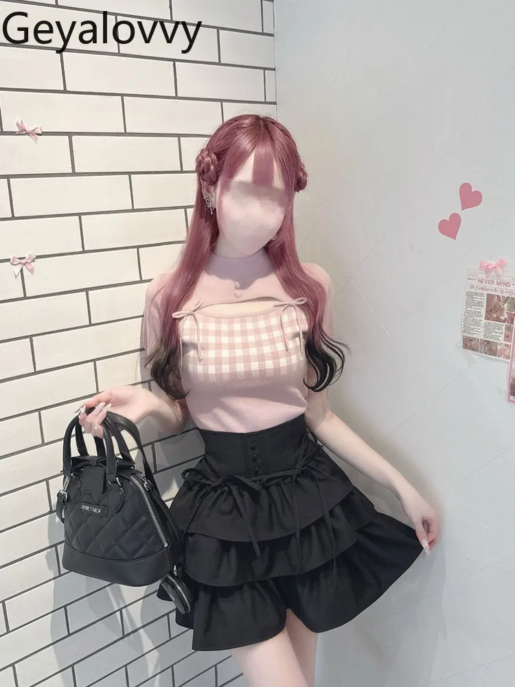 

Black Elastic High Waist Bow Tie Short Skirt Summer New Sweet Cute Girls Versatile Lace Trim Patchwork Mini Skirts Shorts