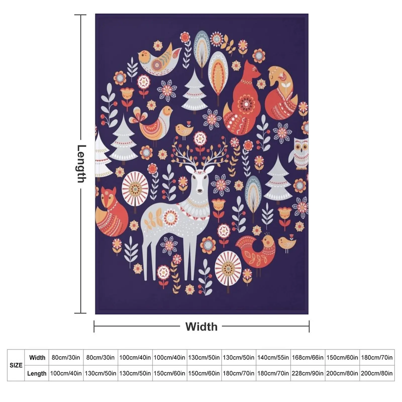 Fairy-tale forest. Foxes, deer, birds, owls, flowers and herbs on a blue background. Throw Blanket for babies Retros Blankets
