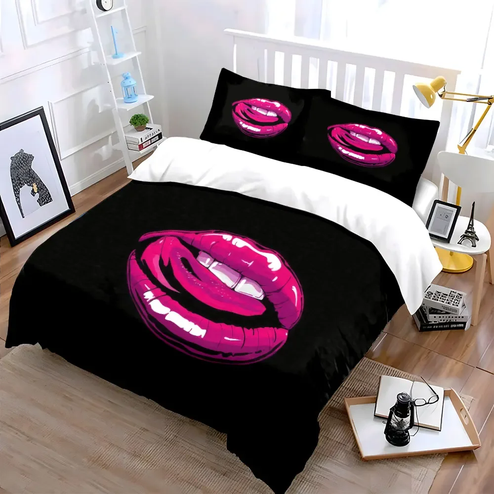 Vibrant Lips Art Decor Set Soft Comfortable Duvet Cover Bedding Set Included 1*Duvet Cover & 2*Pillowcases, gift