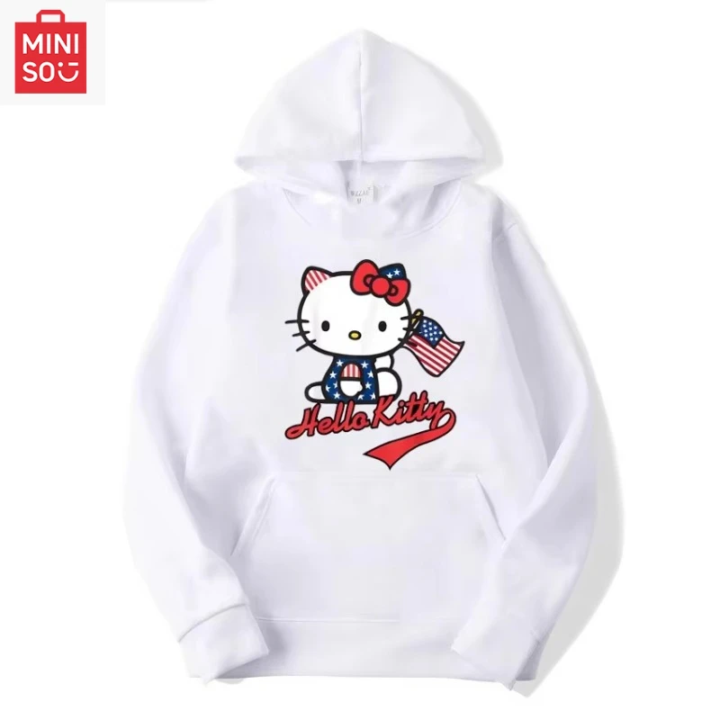 

MINISO милая толстовка с американским флагом Hello Kitty без ремня, милые уличные толстовки, забавные топы для мужчин и женщин