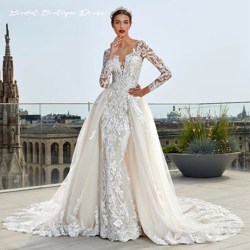 맞춤형 고급 인어 웨딩 파티 드레스 여성용 탈부착 가능한 트레인 우아한 레이스 아플리케 신부용 트레인 드레스