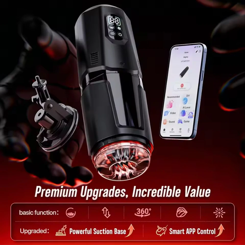 APP Controls 7 Thrust and Rotation 7 Tongue Licking and Vibration Mode Male Hands-Free Masturbator Airplane Cup for Adult Toys