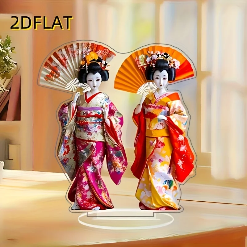 2D Flat, Traditional Japanese Geisha Acrylic Ornament - Bohemian Style, No Power Needed, Suitable for Home, Office, Cafe Tableto