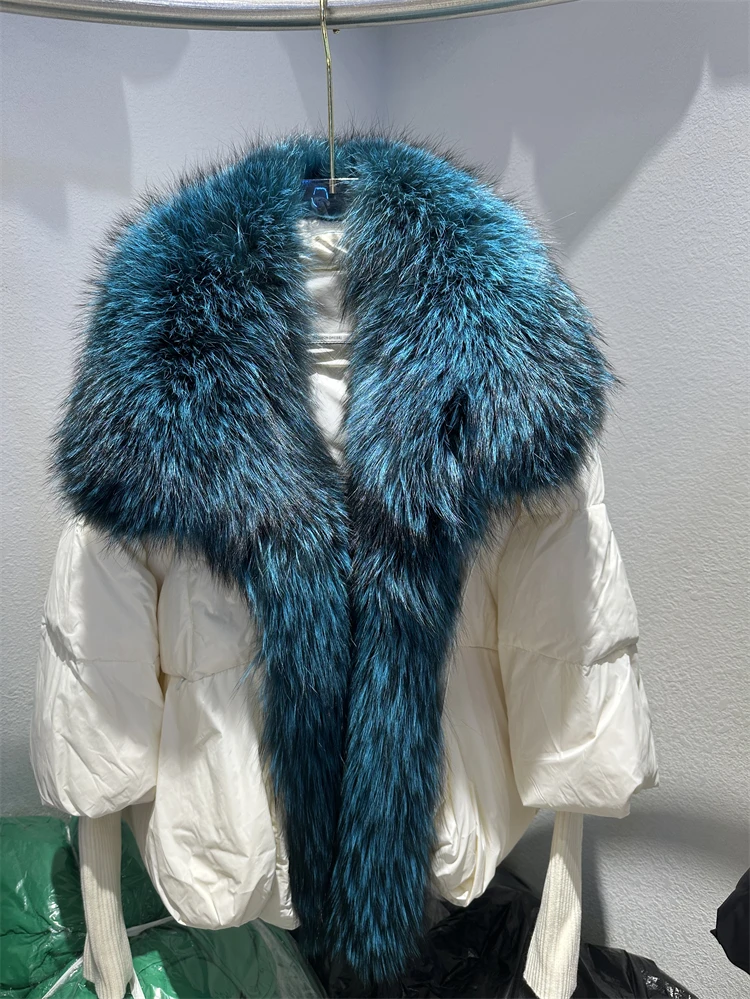 OFTBUY New Duck Down Jacket Winter Coat Women Super Large Real Silver Fox Fur Collar Jacket Knit Sleeve Fashion Luxury Outerwear
