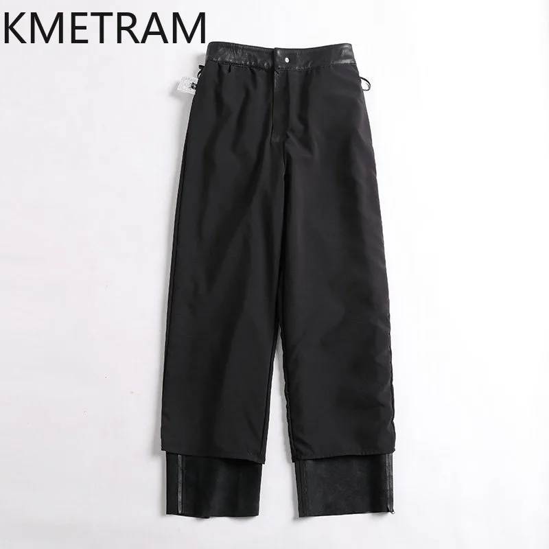 KMETRAM Genuine Sheepskin Pants for Woman Slim Fit Straight Trousers Pure Leather Pant Woman High Waist Штаны 105cm Plus Size