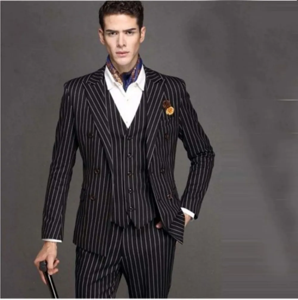 

(Jacket+Pant+Vest+Tie+Handkerchiefs) Stripe Double Breasted Coat Custome Homme Fashion Blazer Notch Lapel Two Buttons Terno Slim