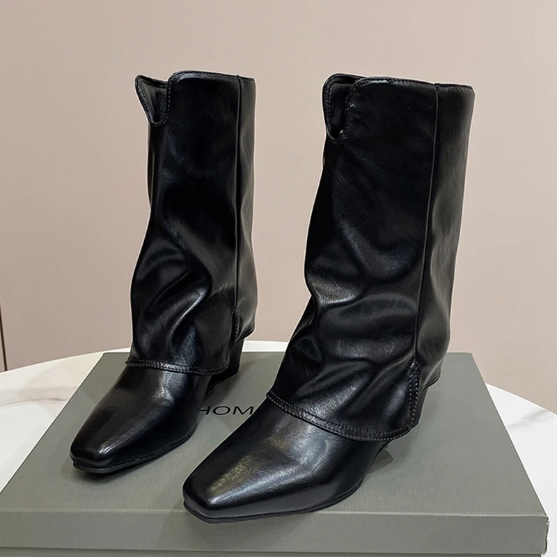 أسافين المرأة منتصف العجل أحذية عالية الكعب أحذية مصمم أحذية امرأة شتاء 2025 مثير العلامة التجارية مضخات حذاء الثلج عالي الرقبة دافئ تشيلسي بوتاس #4