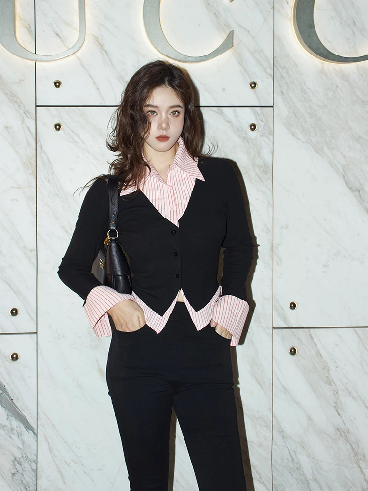 

Long Sve Women's irt Inner Wear Base Layer Top Spring Summer Striped Pattern Turn-down Collar Cotton Blend Busin Casual