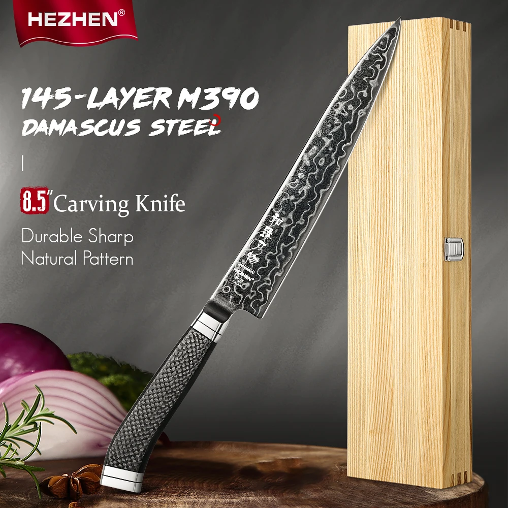 HEZHEN 8.5-inch Carving Knife M390 Steel Core 60±2 HRC 145-Layer Damascus Steel DLC Blade Carbon Fiber Handle Wooden Gift Box