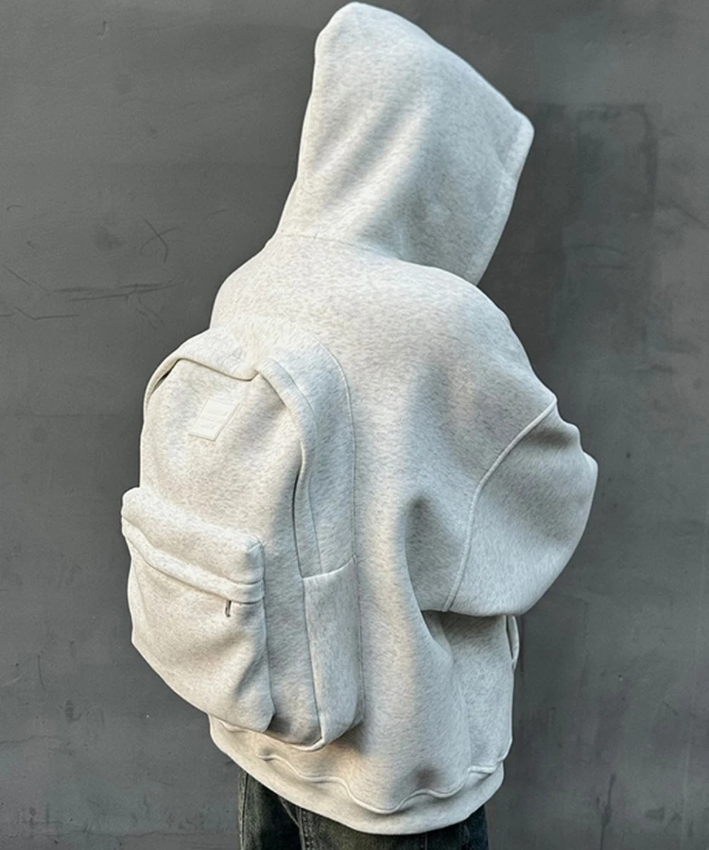 

Zip Man's Travel Hoodie with Built-in Backpack, Trendy Oversized Men Black Sweatshirt for Spring and Autumn