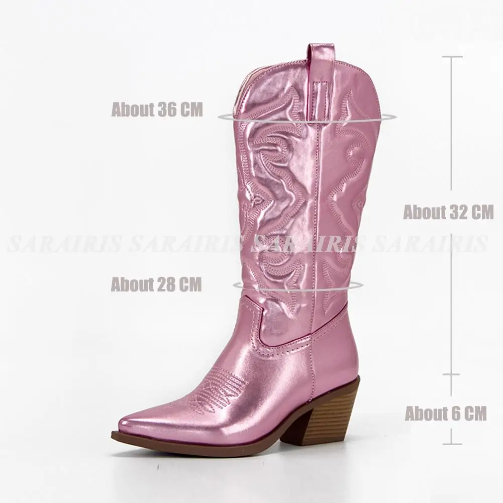 Pink Cowgirl Boots Women Western Boots Brand New 2022 Winter Embroidery Pointed Toe Cowboy Women Knee High Boots Shoes