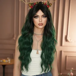 NAMM Costume Wigs Long Wavy Emerald Green Body Wigs with Dark Roots High Density Synthetic Heat Resistant Wig Mid Split Wigs