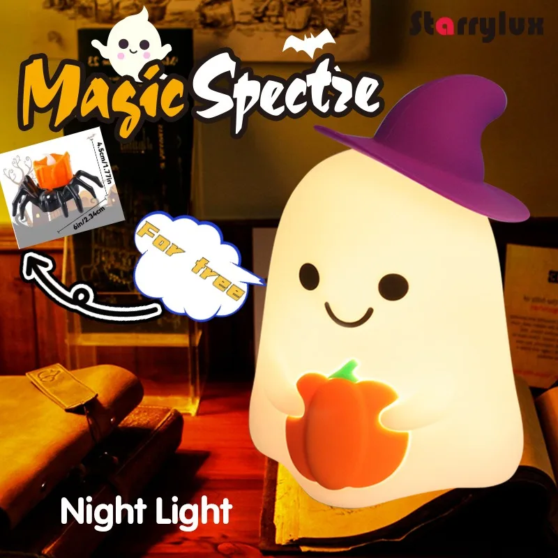 USB Rechargeable Halloween Ghost Night Light, Pumpkin Tap Light with Seven Color Changing,Warm light