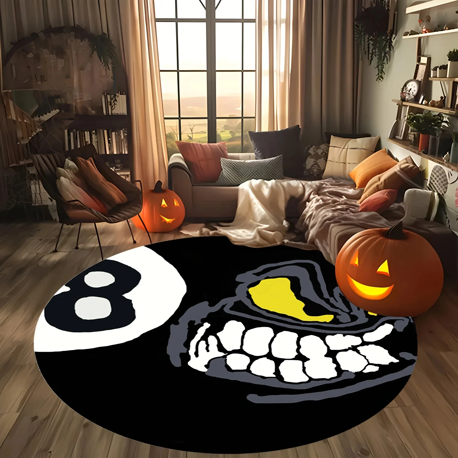 Spooky Horror Monster Face Printed Round Carpet, Non-slip Floor Mat for Living Room, Bedroom, Bathroom, Holiday Home Decoration