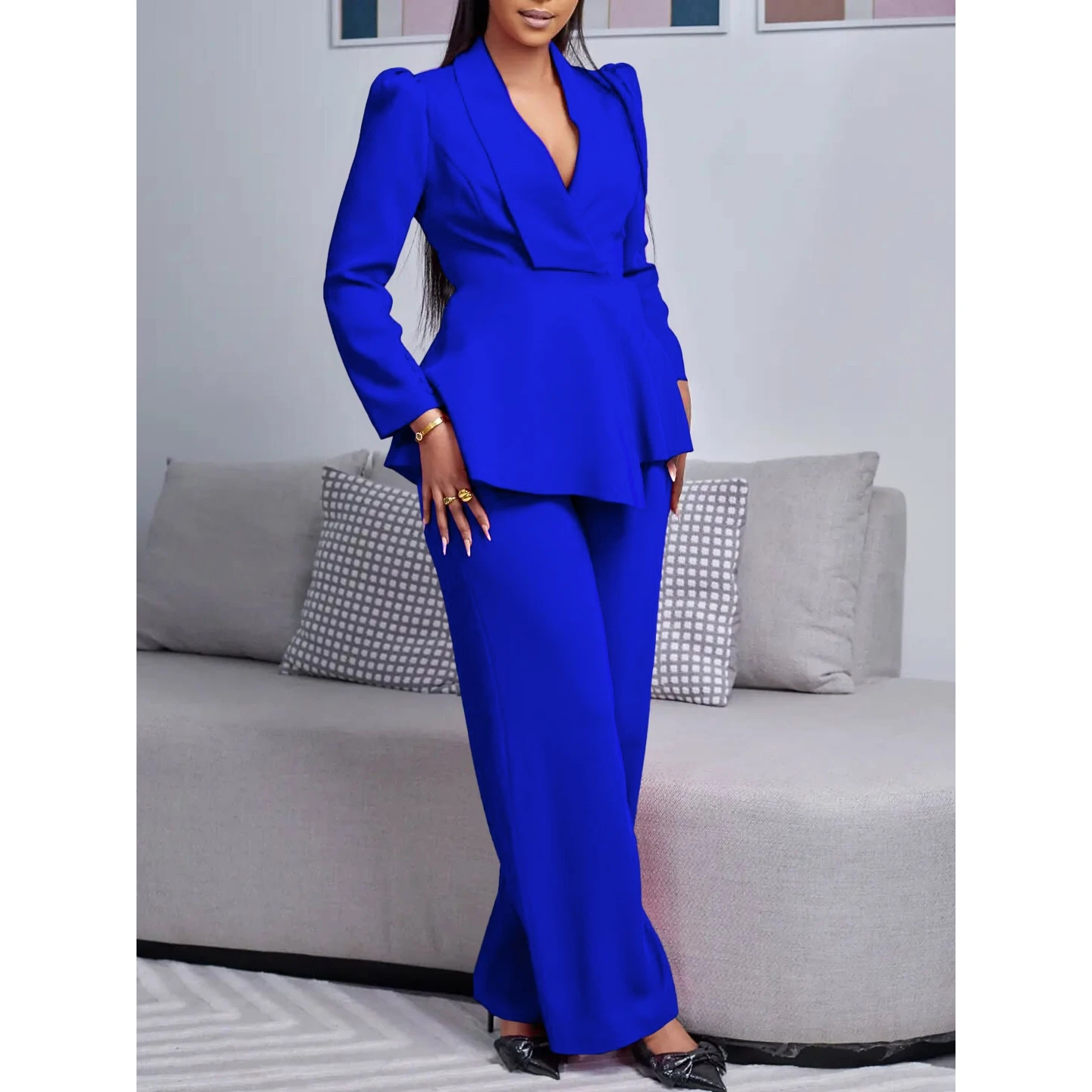 Elegant OL Long Sleeve Blouse Wide Leg Pants Set Fashionable Women's New Arrival Spring Season Fashionable Outfit with Lace Trim