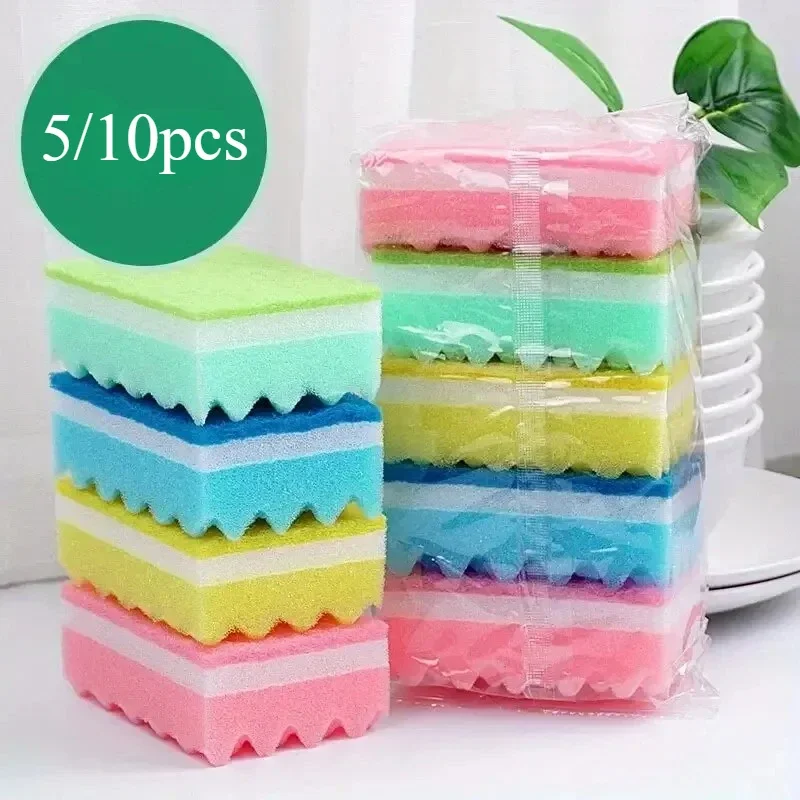 5/10pcs Sponge Wipe Colored Small Wave Sponge Scouring Pad Kitchen Cleaning Dishwashing Sponge Block Cleaning Tools