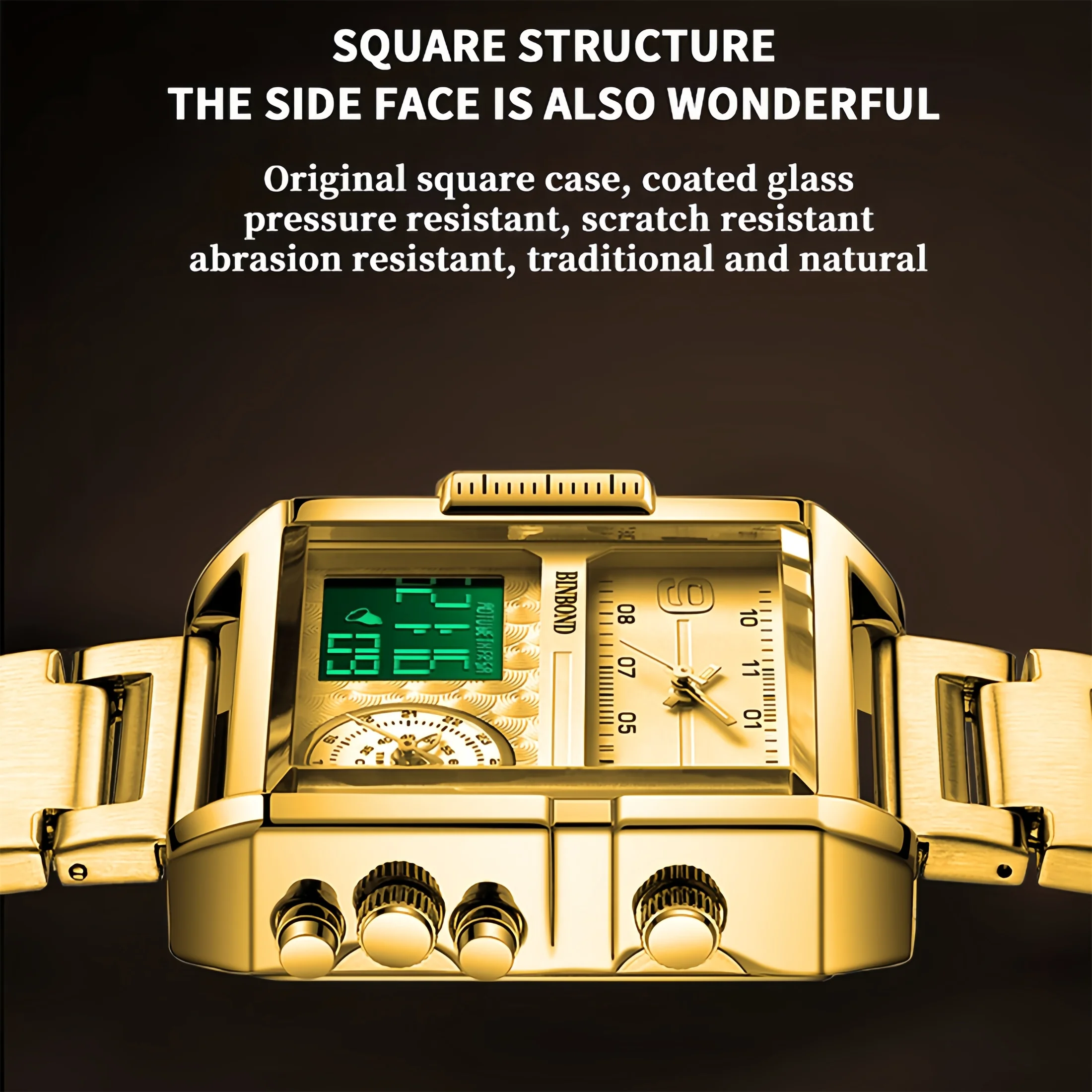 Golden Double Display Square Luxury Business Quartz Watches Mens Clock Stainless Steel Band Wristwatches Designers Watch 3332