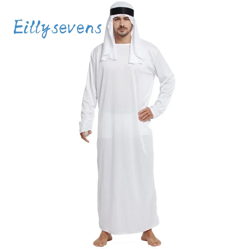 ตะวันออกกลาง Emirati ผู้ชาย Robe คลาสสิกสีขาวมุสลิม Robe กับ Headscarf Saudi Arab รอบคอแขนยาวอิสลาม Kaftan