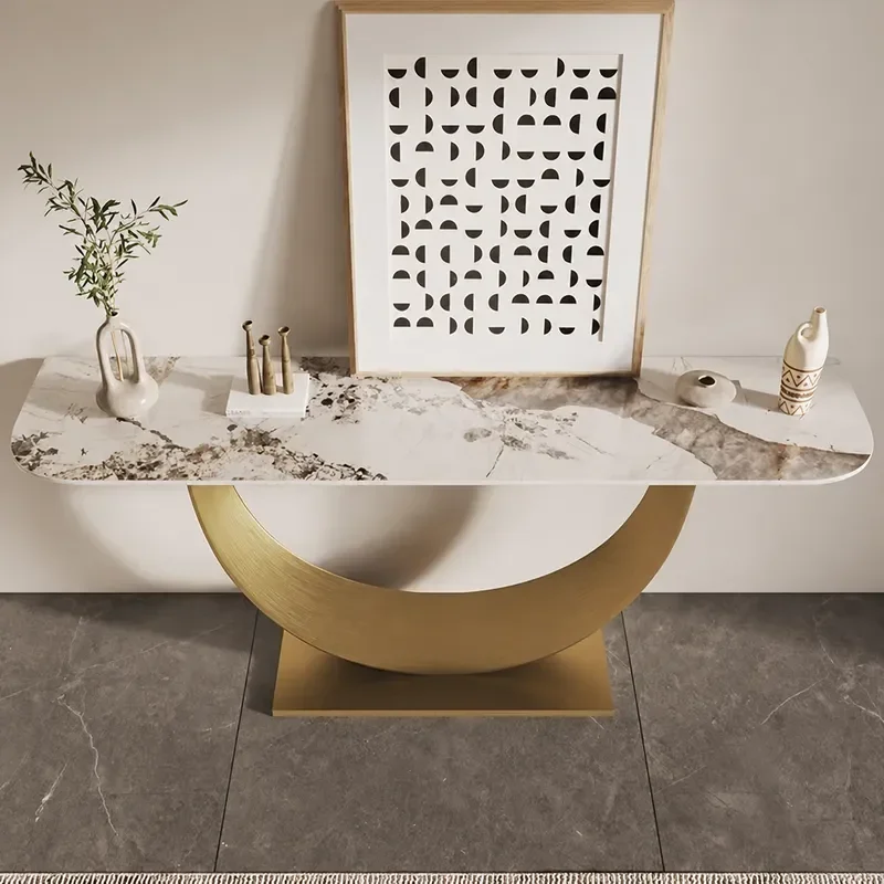 Light Luxury Marble Entrance Table Minimalist Art End View Table Movable Stone Console Against Wall
