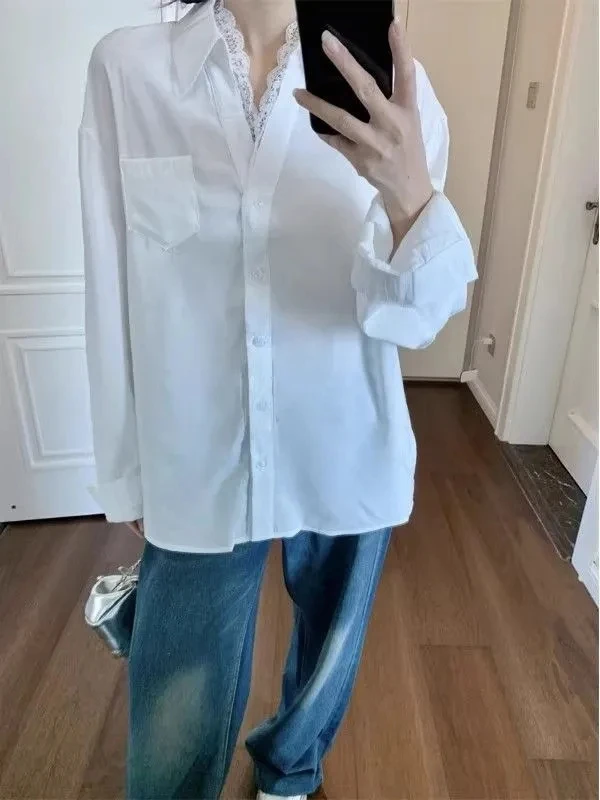 

Французские ретро кружевные лоскутные рубашки с v-образным вырезом, женская модная белая рубашка с длинным рукавом, женская мешковатая блузка в корейском стиле, топы 2025