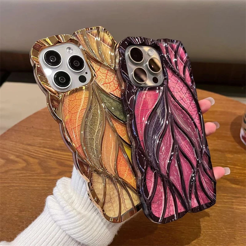 For iPhone 15 Pro Max Luxury Colour Tree Leaf Plating Frame Phone Case For iPhone 11 12 13 14 15 16 Plus Soft Protective Cover