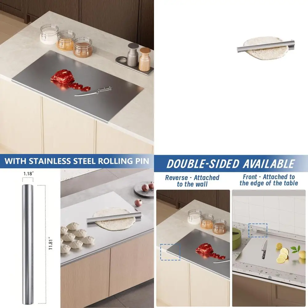 

Stainless Steel Chopping Board 35.4x19.7 with Rolling Pin & Non-Slip Mat for Heavy Duty Baking and Food Prep