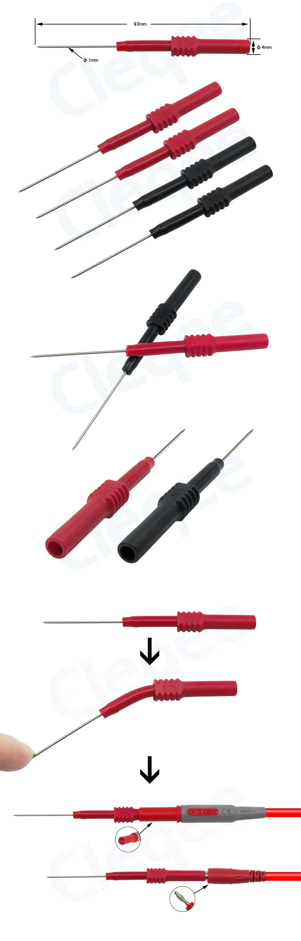Cleqee P5009 10 Stück weiche PVC-Isolier-Piercing-Nadel, zerstörungsfreie Multimeter-Prüfspitzen, Rot/Schwarz – Detail 1