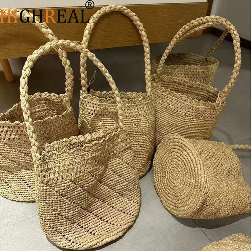 Handmade Crochet Straw Bucket Bag Bohemian Raffia Women Handbag Travel Beach Bag Summer Vacation Woven Shoulder Bags for Women